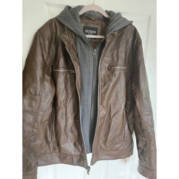 GUESS Mens Faux Leather Hooded Moto Jacket Brown XXL Zip Hood Wind Water Resist - Picture 8 of 16